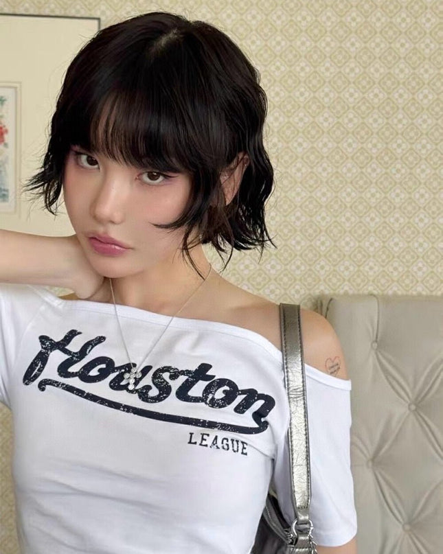 WG.WE Off - Shoulder Letter Print Slim Fit Tee - HappyFash